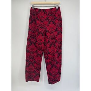 Talbots Red Black Damask Floral Print Stretch Ankle Pants Side Zip Womens 10
